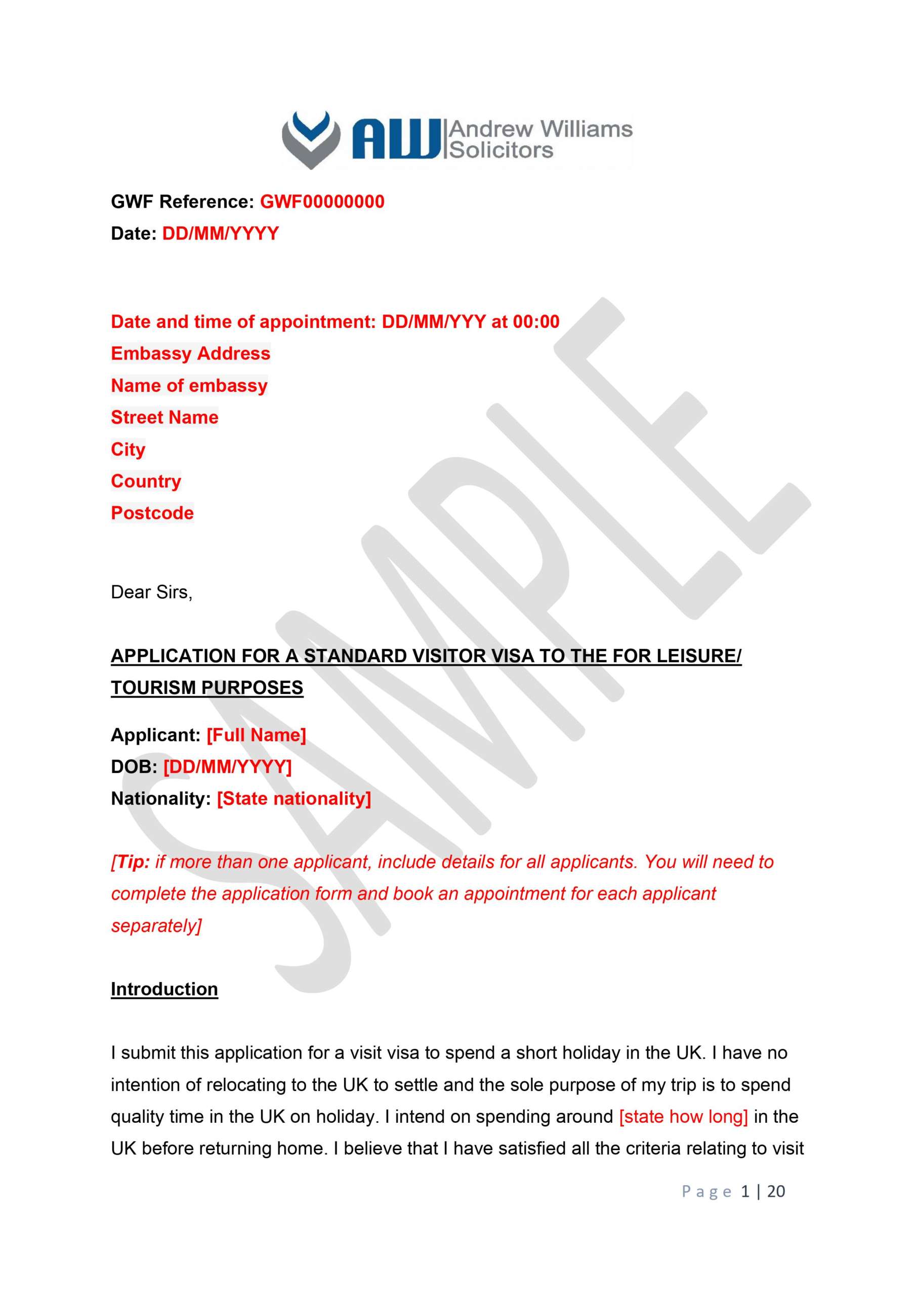 UK Tourist and Visit Visa – Cover Letter Example